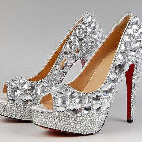 Fashion 2017 High Heel Wedding Shoes Pearl Pea Rhinestone P Toe Crystal High Heel Wedding Shoes Silver Bridal Dress Women Nightclub Party Banquet Red